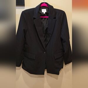 Womens, black one button long sleeve office blazer, padding in shoulders, Large
